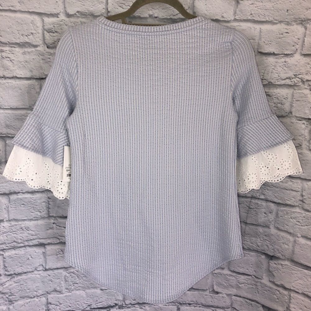 Elle soft cotton blend 3/4 ruffle sleeve ribbed top light blue/white sz XS - Picture 2 of 5